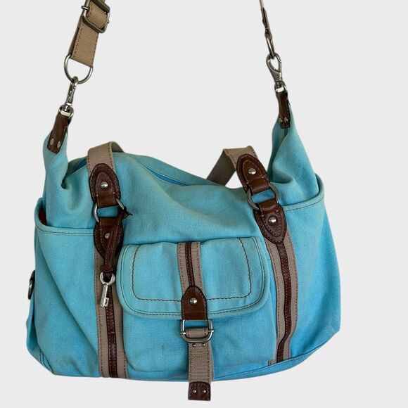 Fossil Blue Canvas Duffel Travel Bag Leather Trim - Picture 7 of 11